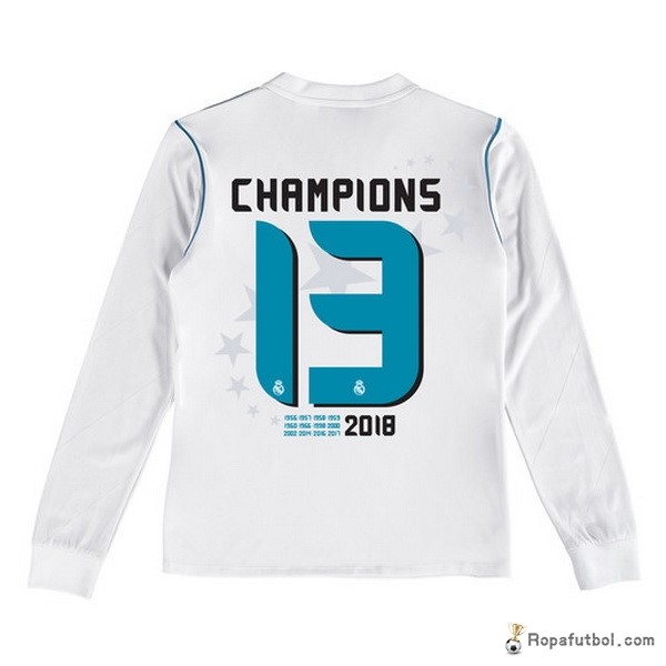 Camiseta Real Madrid Champions 13 Replica Primera Ropa ML Ninos 2017/18 Blanco